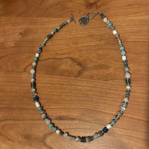 Boutique teal blue white beaded necklace